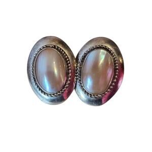 Vintage Sterling Silver 925 QT QUOC Mother Of Pearl Oval Pierced Post Earrings